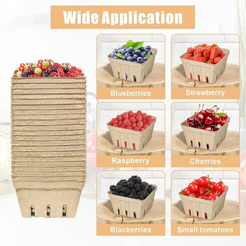 50 Pack Natural Pulp Fiber Berry Baskets with Blank Label for Vegetables Strawberry Blueberry Raspberry Egg, Farmer Market Produce Basket Containers Grocery Store Supplies Fruit Stand Supplies in Saudi Arabia