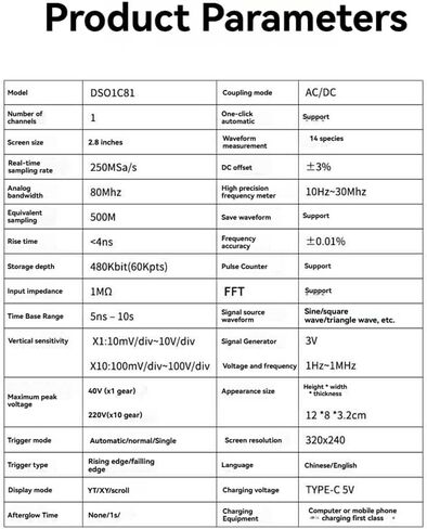 DSO1C81 2.8 بوصة يده ملتقط الذبذبات الرقمي 80 متر عرض النطاق الترددي راسم الذبذبات 250 متر مولد إشارة 2 في 1 مقياس الذبذبات in Kuwait
