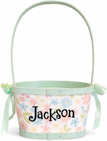 سلة عيد الفصح للفتيات سلة خشبية بألوان الباستيل مع شريط ديكور عطلة الربيع واسم مخصص من اختيارك - 10 بوصات (سلة خضراء باستيل مخصصة) in Kuwait