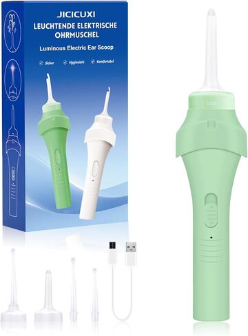 Electric Ear Vacuum Ear Wax Removal Tool with LED Light for Ear Cleaning, USB Rechargeable Ear Cleaner with 4 Soft Silicone Tips, Reusable Ear Cleaning Kit for Family Use-Avocado Green in Kuwait