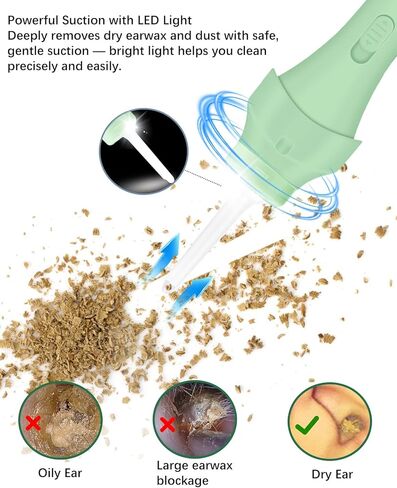 Electric Ear Vacuum Ear Wax Removal Tool with LED Light for Ear Cleaning, USB Rechargeable Ear Cleaner with 4 Soft Silicone Tips, Reusable Ear Cleaning Kit for Family Use-Avocado Green in Kuwait