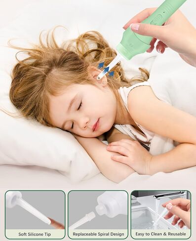 Electric Ear Vacuum Ear Wax Removal Tool with LED Light for Ear Cleaning, USB Rechargeable Ear Cleaner with 4 Soft Silicone Tips, Reusable Ear Cleaning Kit for Family Use-Avocado Green in Kuwait