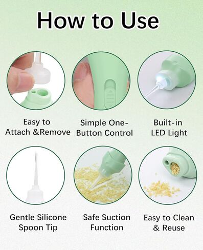 Electric Ear Vacuum Ear Wax Removal Tool with LED Light for Ear Cleaning, USB Rechargeable Ear Cleaner with 4 Soft Silicone Tips, Reusable Ear Cleaning Kit for Family Use-Avocado Green in Kuwait