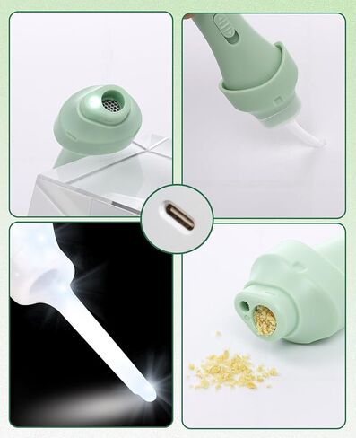 Electric Ear Vacuum Ear Wax Removal Tool with LED Light for Ear Cleaning, USB Rechargeable Ear Cleaner with 4 Soft Silicone Tips, Reusable Ear Cleaning Kit for Family Use-Avocado Green in Kuwait
