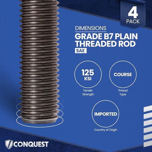 Conquest Fasteners Grade B7 Coarse Fully Threaded Rod, Plain Finish, 1" -8 Thread Size, 18" Length, Right Hand Threads (4 Pack) in Kuwait