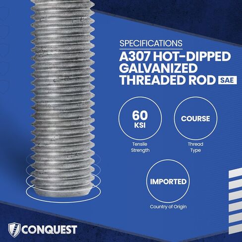 Fasteners Plus A307 Coarse Fully Threaded Rod, Hot Dip Galvanized, 7/8" -9 Thread Size, 18" Length, Right Hand Threads in Kuwait
