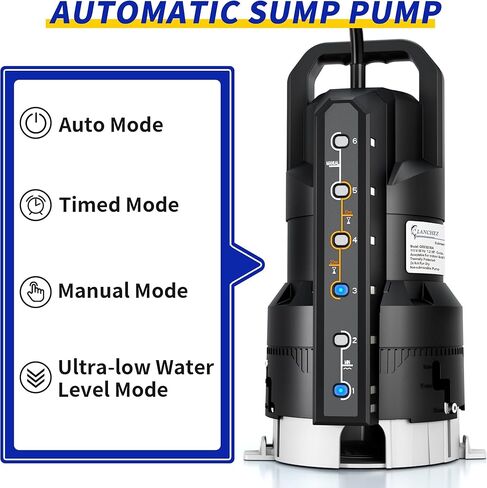 مضخة مستنقع أوتوماتيكية LANCHEZ بقوة 1.2 حصان 6000 جيجا في الساعة مع 6 أوضاع، مضخة مياه غاطسة نظيفة/قذرة، مضخة نقل إزالة المياه من البلاستيك الحراري مع سلك بطول 16 قدم لحمامات السباحة في الطابق السفلي من الحديقة، أسود in Kuwait