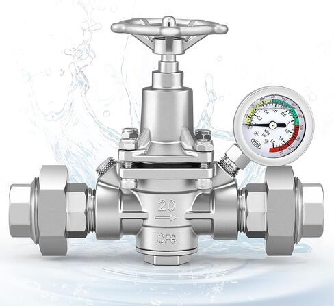 Water Pressure Reducing Valve 3/4 NPT Female Union, Stainless Steel, Pressure Gauge, Handwheel Adjustment in Kuwait