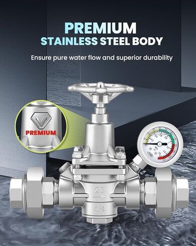 Water Pressure Reducing Valve 3/4 NPT Female Union, Stainless Steel, Pressure Gauge, Handwheel Adjustment in Kuwait