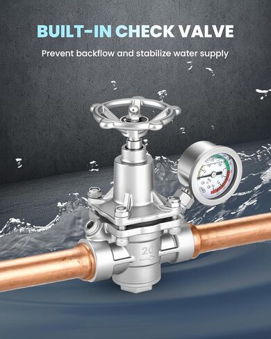 Water Pressure Reducing Valve 3/4 NPT Female Union, Stainless Steel, Pressure Gauge, Handwheel Adjustment in Kuwait