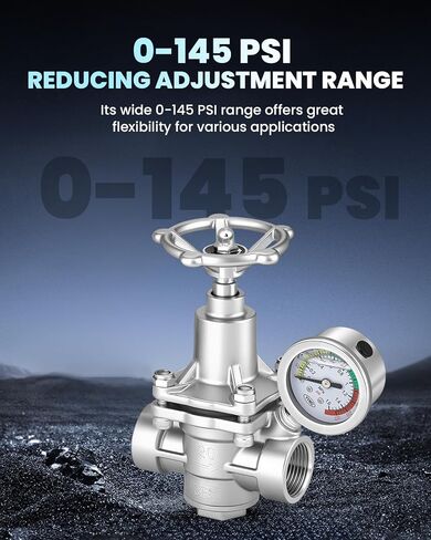 Water Pressure Reducing Valve 3/4 NPT Female Union, Stainless Steel, Pressure Gauge, Handwheel Adjustment in Kuwait