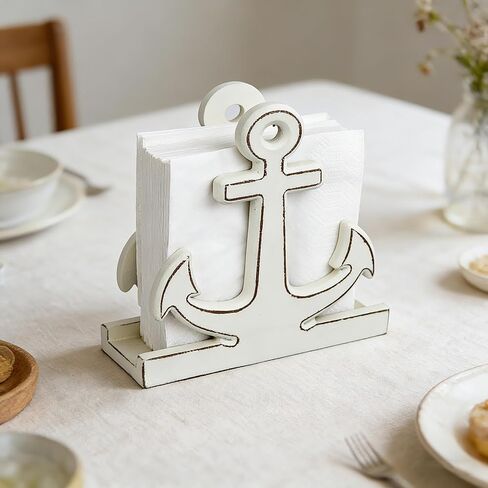 BetyHom Rustic White Wooden Nautical Anchor Napkin Holder - 6.2"x6.2"x2.4" Decorative Table Napkin Storage for Indoor/Outdoor Dining, Coastal Farmhouse Kitchen Table Decor in Kuwait