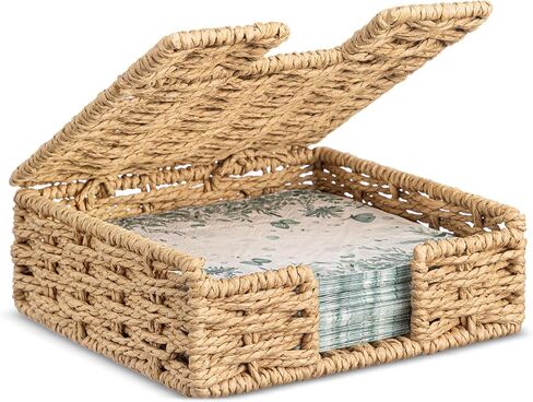 Threehoney Wicker Napkin Holder with Lid for Outdoor Picnic Table, Woven Rattan Flat Square Napkin Basket for Dinner Kitchen Camping Farmhouse, 7 x 7 Inch in Saudi Arabia