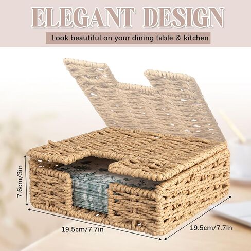 Threehoney Wicker Napkin Holder with Lid for Outdoor Picnic Table, Woven Rattan Flat Square Napkin Basket for Dinner Kitchen Camping Farmhouse, 7 x 7 Inch in Saudi Arabia