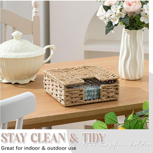 Threehoney Wicker Napkin Holder with Lid for Outdoor Picnic Table, Woven Rattan Flat Square Napkin Basket for Dinner Kitchen Camping Farmhouse, 7 x 7 Inch in Saudi Arabia