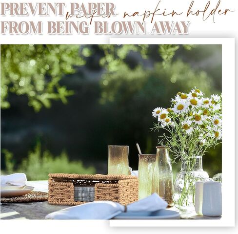 Threehoney Wicker Napkin Holder with Lid for Outdoor Picnic Table, Woven Rattan Flat Square Napkin Basket for Dinner Kitchen Camping Farmhouse, 7 x 7 Inch in Saudi Arabia