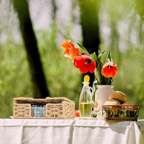Threehoney Wicker Napkin Holder with Lid for Outdoor Picnic Table, Woven Rattan Flat Square Napkin Basket for Dinner Kitchen Camping Farmhouse, 7 x 7 Inch in Saudi Arabia