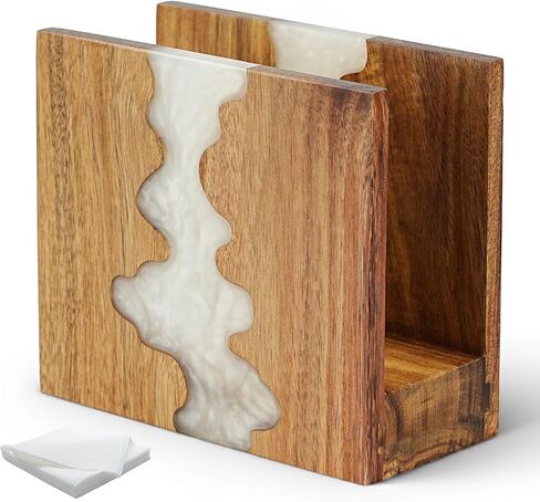 Acacia Wood Napkin Holder for table, Handmade Epoxy Resin Tissue Box Holder with Unique Wave Design & 3CM Sturdy Base for Kitchen Table, Dining Room Decor,counter tops or outdoors in Saudi Arabia