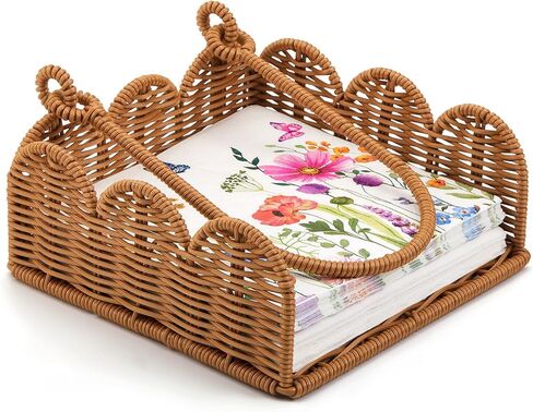 Cinnvoice Scalloped Napkin Holder with Weighted Arm, Square Wicker Napkin Holder, Woven Boho Cocktail Towel Basket, Rustic Decorative Towel Tray for Table 7.5" x 7.5" x 2.5"(Paper Rope) in Saudi Arabia