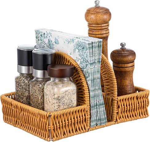 Boho Rattan Napkin Holder with Spice Rack Woven Dining Table Organizer for Napkins, Condiments Utensils Kitchen Counter Decor, Rustic Picnic Party Serving Caddy in Saudi Arabia