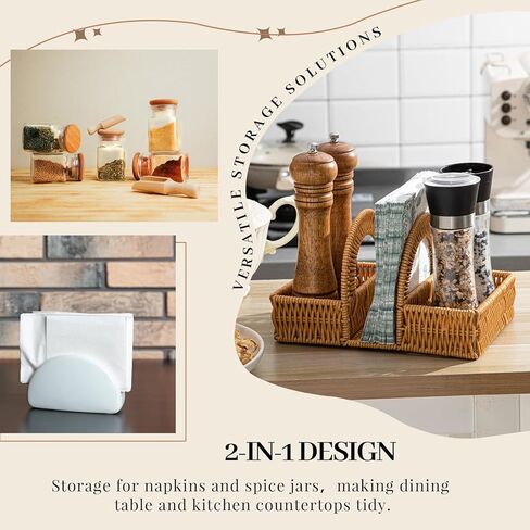 Boho Rattan Napkin Holder with Spice Rack Woven Dining Table Organizer for Napkins, Condiments Utensils Kitchen Counter Decor, Rustic Picnic Party Serving Caddy in Saudi Arabia
