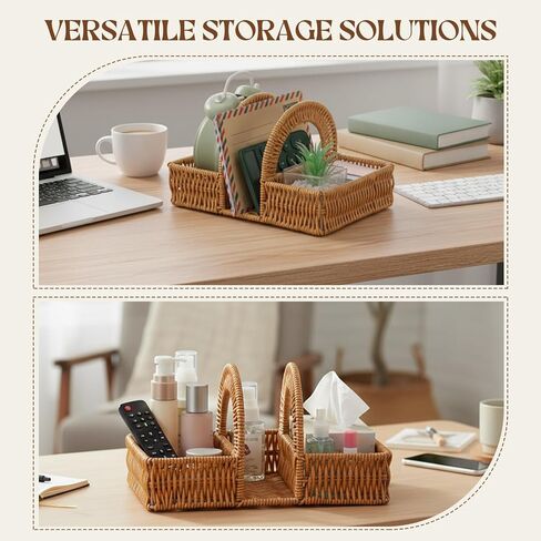 Boho Rattan Napkin Holder with Spice Rack Woven Dining Table Organizer for Napkins, Condiments Utensils Kitchen Counter Decor, Rustic Picnic Party Serving Caddy in Saudi Arabia