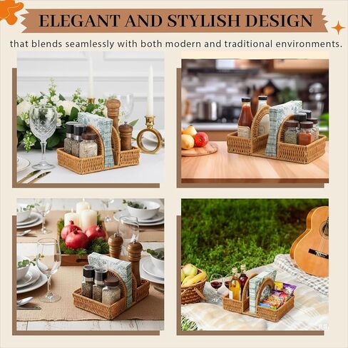 Boho Rattan Napkin Holder with Spice Rack Woven Dining Table Organizer for Napkins, Condiments Utensils Kitchen Counter Decor, Rustic Picnic Party Serving Caddy in Saudi Arabia