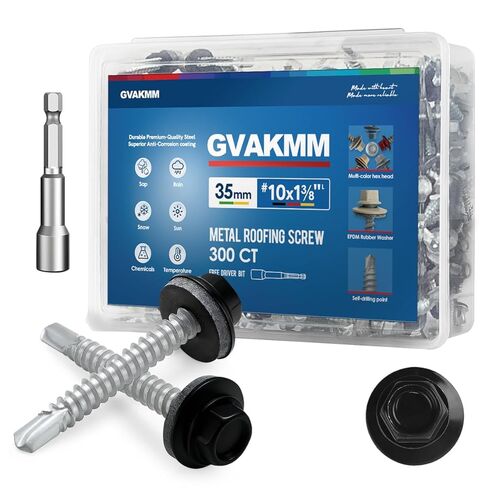 300 قطعة #10 × 1-3/8 بوصة براغي سقف معدنية بنية، رأس سداسي ملون ذاتي الحفر من المعدن إلى مثبتات جانبية خشبية، في علبة تخزين قابلة لإعادة الاستخدام، تتضمن لقمة مفك سداسية in Kuwait