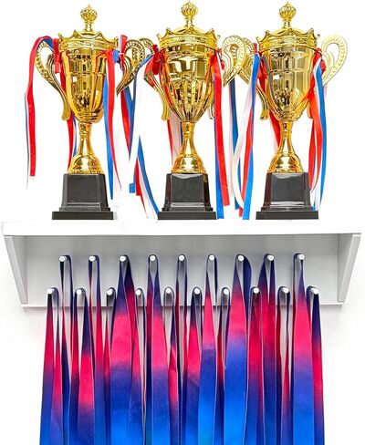 Medal Hanger Display and Trophy Shelf with Hooks - Wooden Medal Holder for Wall Mount Ribbon Display, Trophy Display Shelf for Gymnastics, Soccer, Running Race Medals Awards Rack (WHITE, 16") in Saudi Arabia