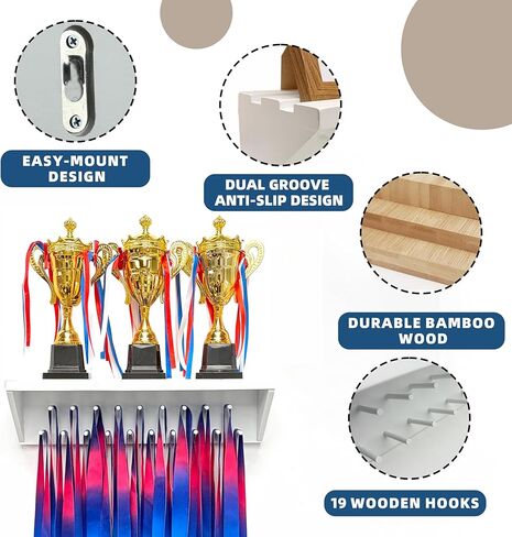 Medal Hanger Display and Trophy Shelf with Hooks - Wooden Medal Holder for Wall Mount Ribbon Display, Trophy Display Shelf for Gymnastics, Soccer, Running Race Medals Awards Rack (WHITE, 16") in Saudi Arabia