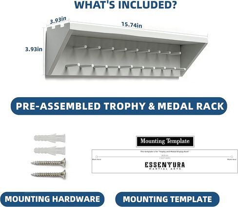 Medal Hanger Display and Trophy Shelf with Hooks - Wooden Medal Holder for Wall Mount Ribbon Display, Trophy Display Shelf for Gymnastics, Soccer, Running Race Medals Awards Rack (WHITE, 16") in Saudi Arabia