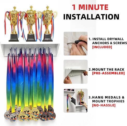 Medal Hanger Display and Trophy Shelf with Hooks - Wooden Medal Holder for Wall Mount Ribbon Display, Trophy Display Shelf for Gymnastics, Soccer, Running Race Medals Awards Rack (WHITE, 16") in Saudi Arabia