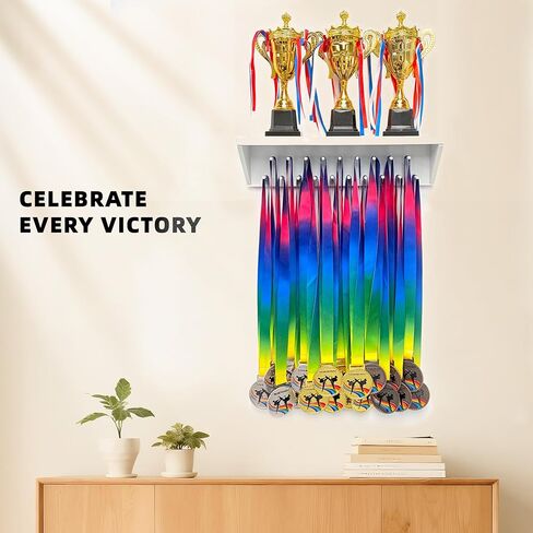 Medal Hanger Display and Trophy Shelf with Hooks - Wooden Medal Holder for Wall Mount Ribbon Display, Trophy Display Shelf for Gymnastics, Soccer, Running Race Medals Awards Rack (WHITE, 16") in Saudi Arabia