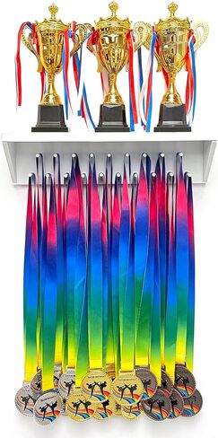 Medal Hanger Display and Trophy Shelf with Hooks - Wooden Medal Holder for Wall Mount Ribbon Display, Trophy Display Shelf for Gymnastics, Soccer, Running Race Medals Awards Rack (WHITE, 16") in Saudi Arabia