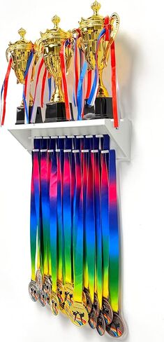 Medal Hanger Display and Trophy Shelf with Hooks - Wooden Medal Holder for Wall Mount Ribbon Display, Trophy Display Shelf for Gymnastics, Soccer, Running Race Medals Awards Rack (WHITE, 16") in Saudi Arabia