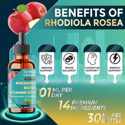 14in1 Rhodiola Rosea Tincture with Ashwagandha, Lion's Mane, Magnesium Glycinate, Citrate, Malate, L-Theanine, Same, Shilajit, Turmeric, Sea Moss & More - 30ml 1 Fl Oz in Saudi Arabia