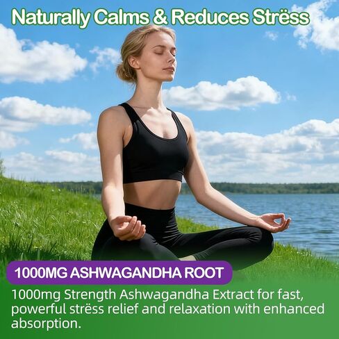 علكات الأشواغاندا 1000 ملغ مع الثيانين والمغنيسيوم - علكة هادئة مع فيتامين د3، ب12 والزنك تدعم الاسترخاء، توازن يومي، راحة ليلية، خالية من السكر، 120 قطعة in Kuwait