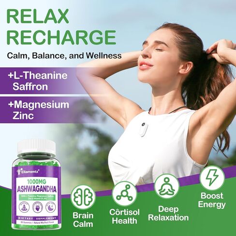 علكات الأشواغاندا 1000 ملغ مع الثيانين والمغنيسيوم - علكة هادئة مع فيتامين د3، ب12 والزنك تدعم الاسترخاء، توازن يومي، راحة ليلية، خالية من السكر، 120 قطعة in Kuwait