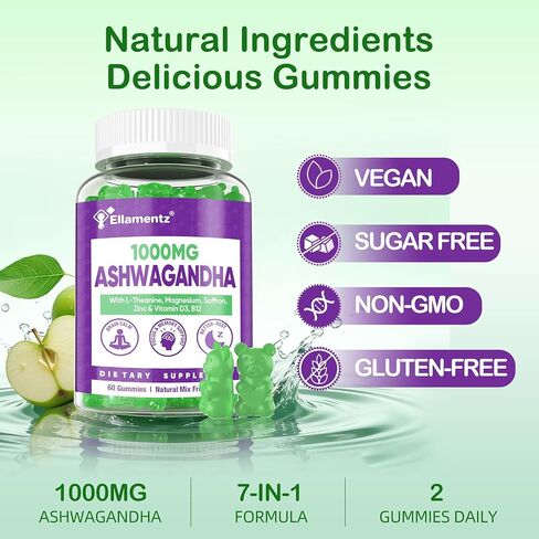 علكات الأشواغاندا 1000 ملغ مع الثيانين والمغنيسيوم - علكة هادئة مع فيتامين د3، ب12 والزنك تدعم الاسترخاء، توازن يومي، راحة ليلية، خالية من السكر، 120 قطعة in Kuwait
