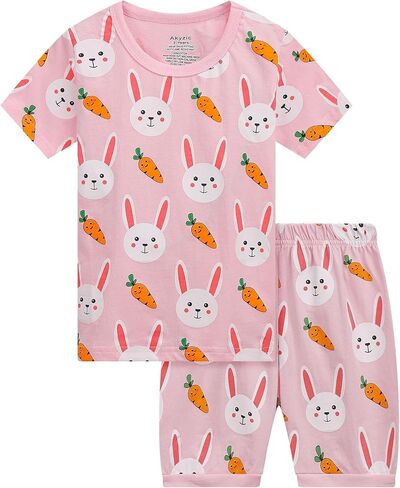 Akyzic Little Girls Summer Pajamas Kids 100% Cotton 2 Piece Pjs Toddler Girls Short Sleeve Sleepwear Clothes Sets 3-10T in Kuwait