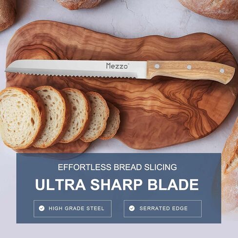 سكين الخبز المسنن من ميزو للخبز المنزلي، قاطع سكين العجين المخمر عالي الكربون من الفولاذ لتقطيع الخبز والخبز والكعك، سكاكين تقطيع الخبز الممتازة الحادة مقاس 8 بوصات مع صندوق هدايا in Kuwait