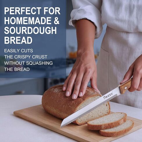 سكين الخبز المسنن من ميزو للخبز المنزلي، قاطع سكين العجين المخمر عالي الكربون من الفولاذ لتقطيع الخبز والخبز والكعك، سكاكين تقطيع الخبز الممتازة الحادة مقاس 8 بوصات مع صندوق هدايا in Kuwait