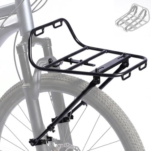 الرف الأمامي للدراجة - رف شحن أمامي للدراجة مع دعامات دعم وأشرطة قابلة للتعديل - رف بيتزا من الألومنيوم الأمامي، ثابت ولا يسبب خشخشة، مناسب عالميًا للدراجات الجبلية والحصى والتجول in Kuwait
