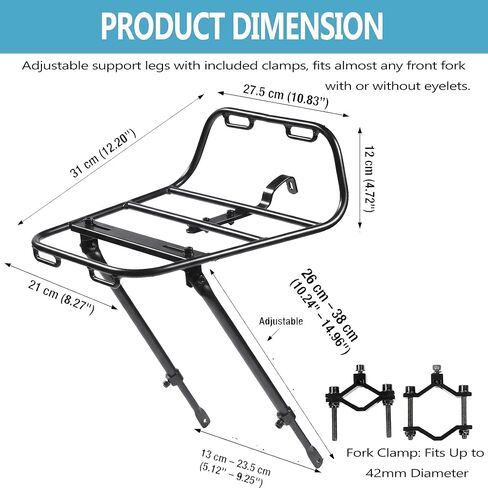 الرف الأمامي للدراجة - رف شحن أمامي للدراجة مع دعامات دعم وأشرطة قابلة للتعديل - رف بيتزا من الألومنيوم الأمامي، ثابت ولا يسبب خشخشة، مناسب عالميًا للدراجات الجبلية والحصى والتجول in Kuwait