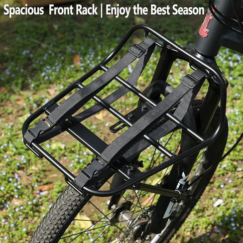 الرف الأمامي للدراجة - رف شحن أمامي للدراجة مع دعامات دعم وأشرطة قابلة للتعديل - رف بيتزا من الألومنيوم الأمامي، ثابت ولا يسبب خشخشة، مناسب عالميًا للدراجات الجبلية والحصى والتجول in Kuwait