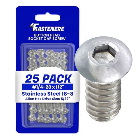 Fastenere Button Head Socket Cap Screws - 1/4-28 x 1/2" (25 Pack) Stainless Steel 18-8, Full Thread, Bright Plain Finish, Corrosion-Resistant, Machine Thread, Easy to Install w/Allen Socket Drive in Saudi Arabia