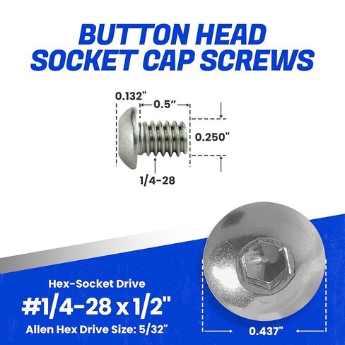 Fastenere Button Head Socket Cap Screws - 1/4-28 x 1/2" (25 Pack) Stainless Steel 18-8, Full Thread, Bright Plain Finish, Corrosion-Resistant, Machine Thread, Easy to Install w/Allen Socket Drive in Saudi Arabia