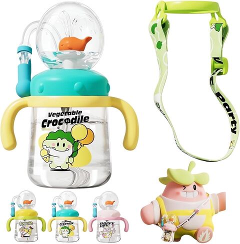 كوب شرب مع حوت القرع 2025 أطفال كؤوس Sippy مرجحة لا يوجد زجاجة ماء لطيف مع الأغطية وقشور مقابض مقابض تسرب ＆ حزام قابل للتعديل 360 Spritting Milk Straw Cups (A1) in Kuwait