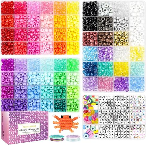 Paodey 2400pcs Pony Beads, 72 Colors 9mm Friendship Bracelets Making Kit, Rainbow Kandi Beads Bulk Letter Beads for Name Bracelets Jewelry Making Crafts with Elastic String in Kuwait