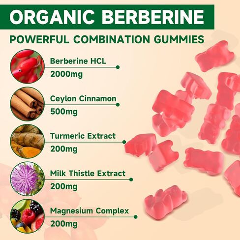 Premium Berberine Gummies, 2000mg High Potency Berberine HCI Supplement, Plus Ceylon Cinnamon, Milk Thistle for Women & Men, Immune System & Metabolism Support - 60 Gummies in Kuwait